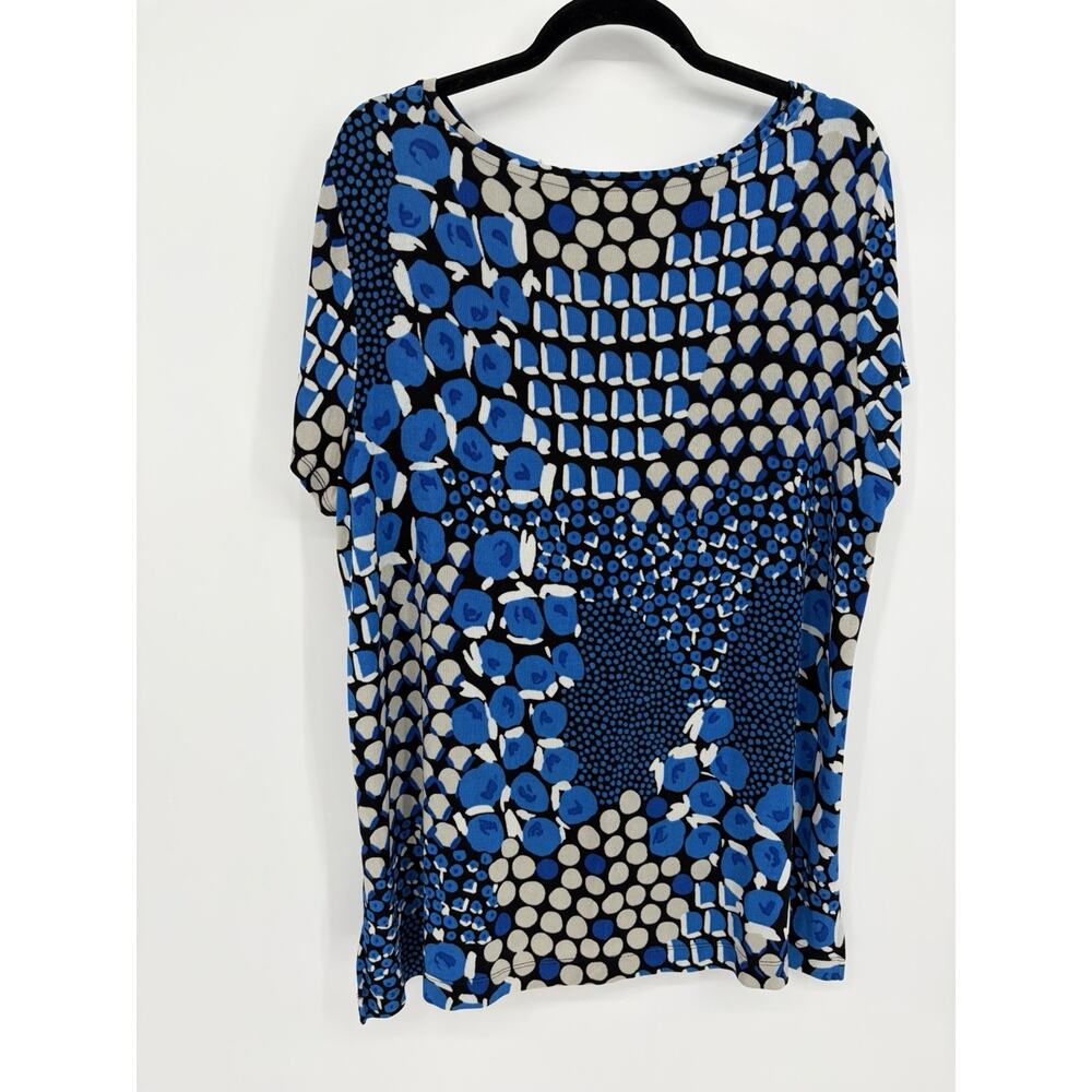 Chico’s Size XL Women’s Blue Black Abstract Dot Print Stretch Top Short Sleeve - Picture 3 of 8